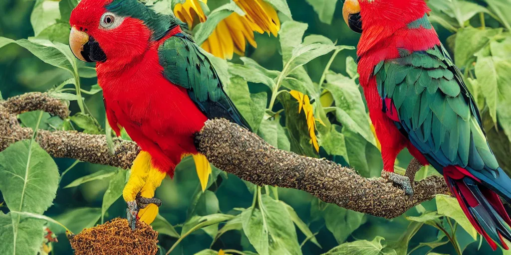 Prompt: an angry red winged parrot sitting in a tree, surrounded by sunflower seeds, high detail, national geographic photorealistic