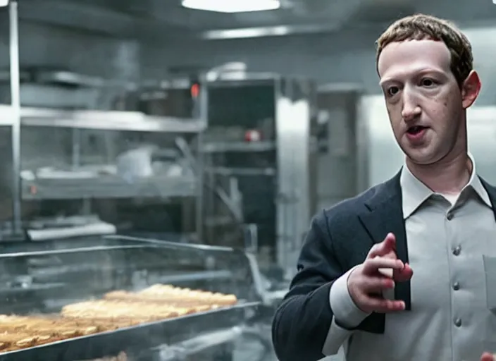 Image similar to film still of mark zuckerberg as agent smith working in a bakery in the new matrix movie, 4 k