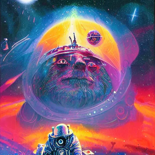 Image similar to epic illustration of Christopher Lloyd as a space wizard by Paul Lehr, detailed, space opera, screen print