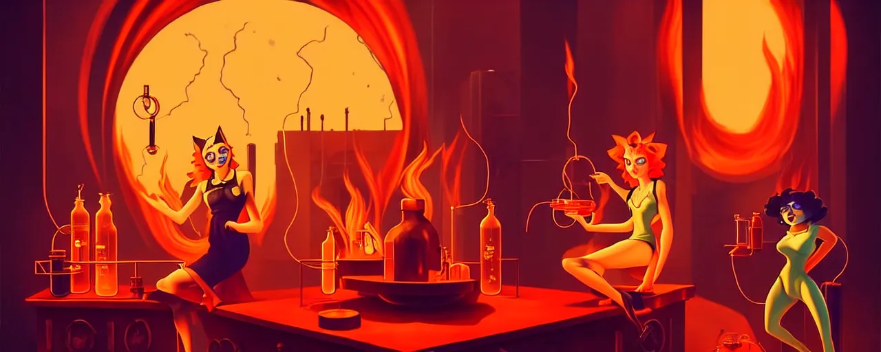 Image similar to uncanny alchemist catgirls in a fiery alchemical lab, dramatic lighting, surreal 1 9 3 0 s fleischer cartoon characters, surreal painting by ronny khalil