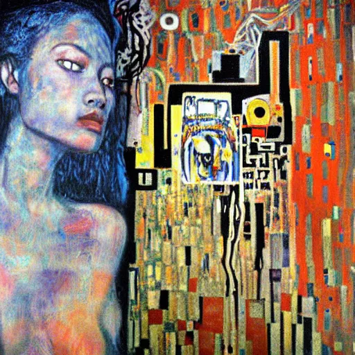 Prompt: beautiful sunrise oil painting by klimt and graffiti by Jean-Michel Basquiat in airbrush by H.R. Giger