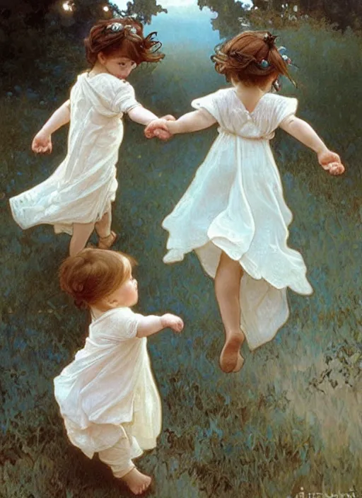 Image similar to a cute little girl with a round cherubic face, blue eyes, and short wavy light brown hair holding hands with her brother and running. beautiful painting by artgerm and greg rutkowski and alphonse mucha