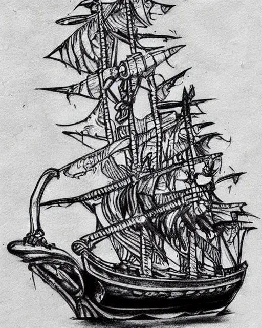 Image similar to A tattoo design sketch of a realistic pirate ship, on paper, black and white, highly detailed, realistic tattoo, trending on pinterest