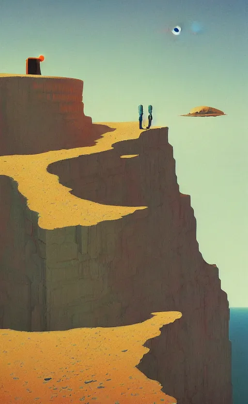 Image similar to a cliff at the end of the world, visible planets, space age, very coherent, painted by Edward Hopper, Wayne Barlowe, painted by James Gilleard, airbrush, art by JamesJean