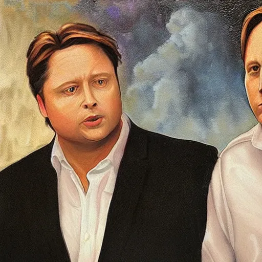 Image similar to Tim Heidecker standing behind Alex Jones while laying a comforting hand on his shoulder. Religious painting.