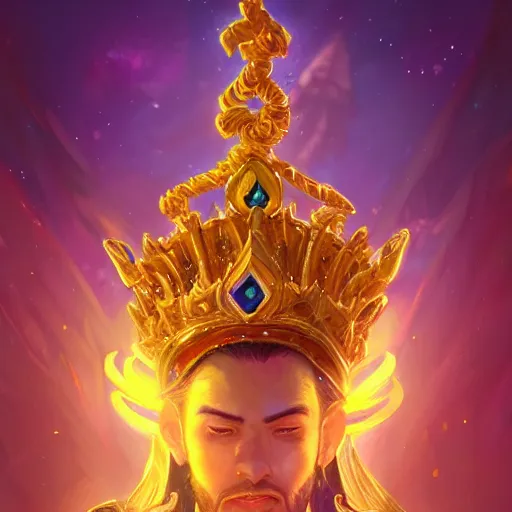 Prompt: a golden majestic crown with gemstone carved into it, floating crown, magic background, yellow magic theme, bright art masterpiece artstation. 8 k, sharp high quality artwork in style of jose daniel cabrera pena and greg rutkowski, concept art by tooth wu, blizzard warcraft artwork, hearthstone card game artwork, the crown