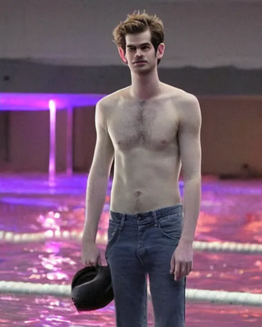 Image similar to a cursed image of andrew garfield seen from a distance in a dark, empty swimming pool with water slides, really scary, looking this way.