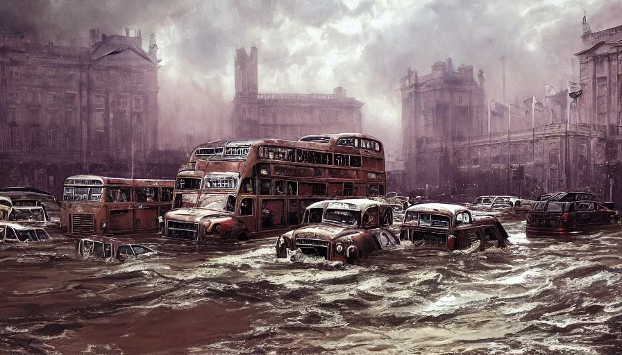 Image similar to A detailed render of a post apocalyptic scene of Buckingham palace in London ruined and devastated by flooding, broken down rusty london buses in flood water, sci-fi concept art, by Syd Mead, highly detailed, oil on canvas