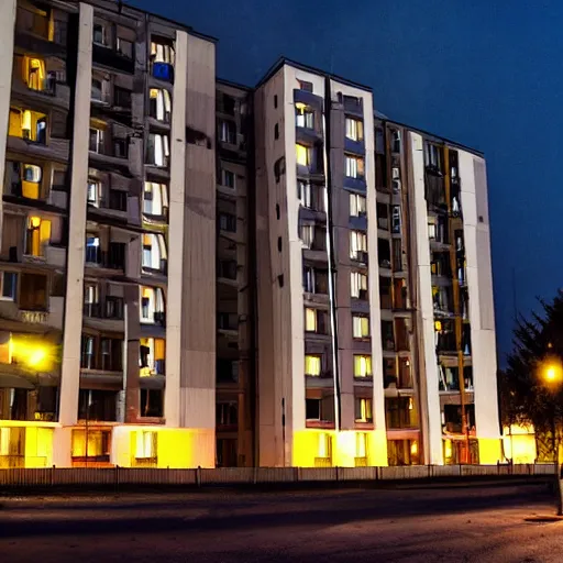 Image similar to An average post-soviet Polish residential block at night, only one window is lit, dark