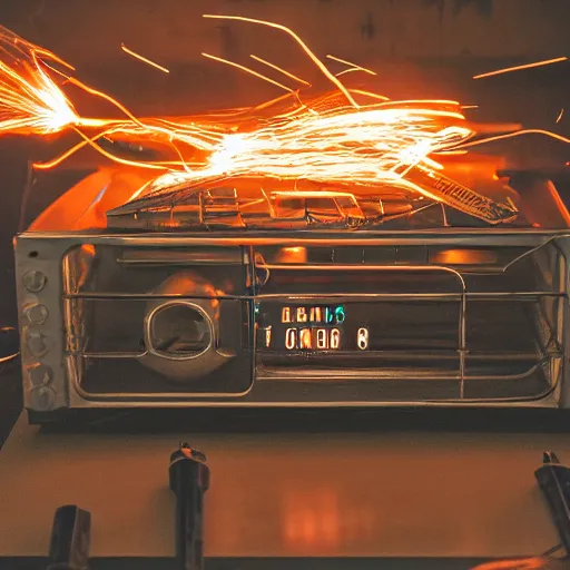 Image similar to toaster oven shangig by metallic cables, symmetry, dark messy smoke - filled cluttered workshop, dark, dramatic lighting, orange tint, sparks, cinematic, highly detailed, sci - fi, futuristic, movie still