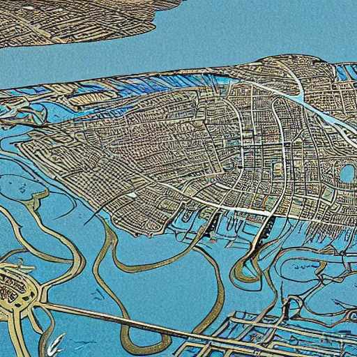 Image similar to flooded american city large detailed illustration by moebius