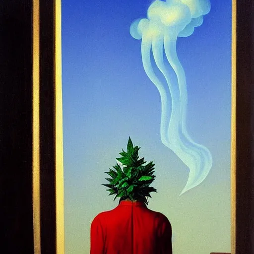 Prompt: feeling this way is a-okay, smoking hashish by the marijuana den by Raphael, Hopper, and Rene Magritte. detailed, romantic, enchanting, trending on artstation.