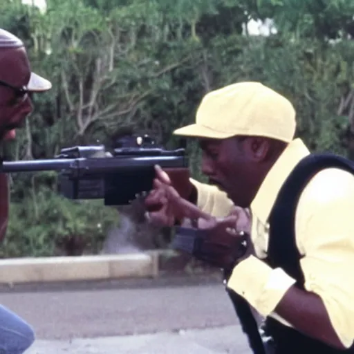 Prompt: a still of the cat shooting a m 6 0 machine gun from the buddy cop movie beverly hills cat 2, with eddie murphy