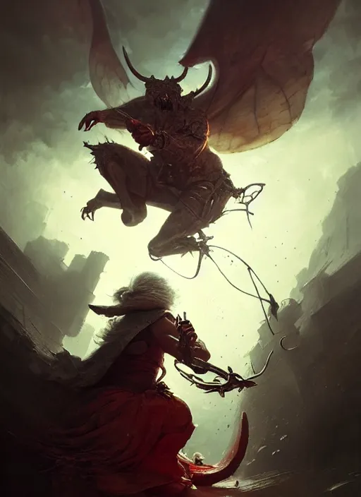 Image similar to a grandma fighting a demon, cinematic, very detailed, intricate details, complimentary colors, perfect lighting, perfect composition, aesthetic, masterpiece, award winning, artstation, darek zabrocki, greg rutkowski, artgerm, 4 k