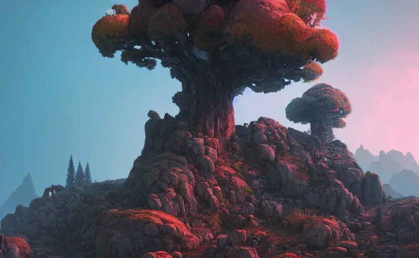 Image similar to dwarven tree in the rocky hills, Low level, rendered by Beeple, Makoto Shinkai, syd meade, simon stålenhag, synthwave style, digital art, unreal engine, WLOP, trending on artstation, 4K UHD image, octane render,