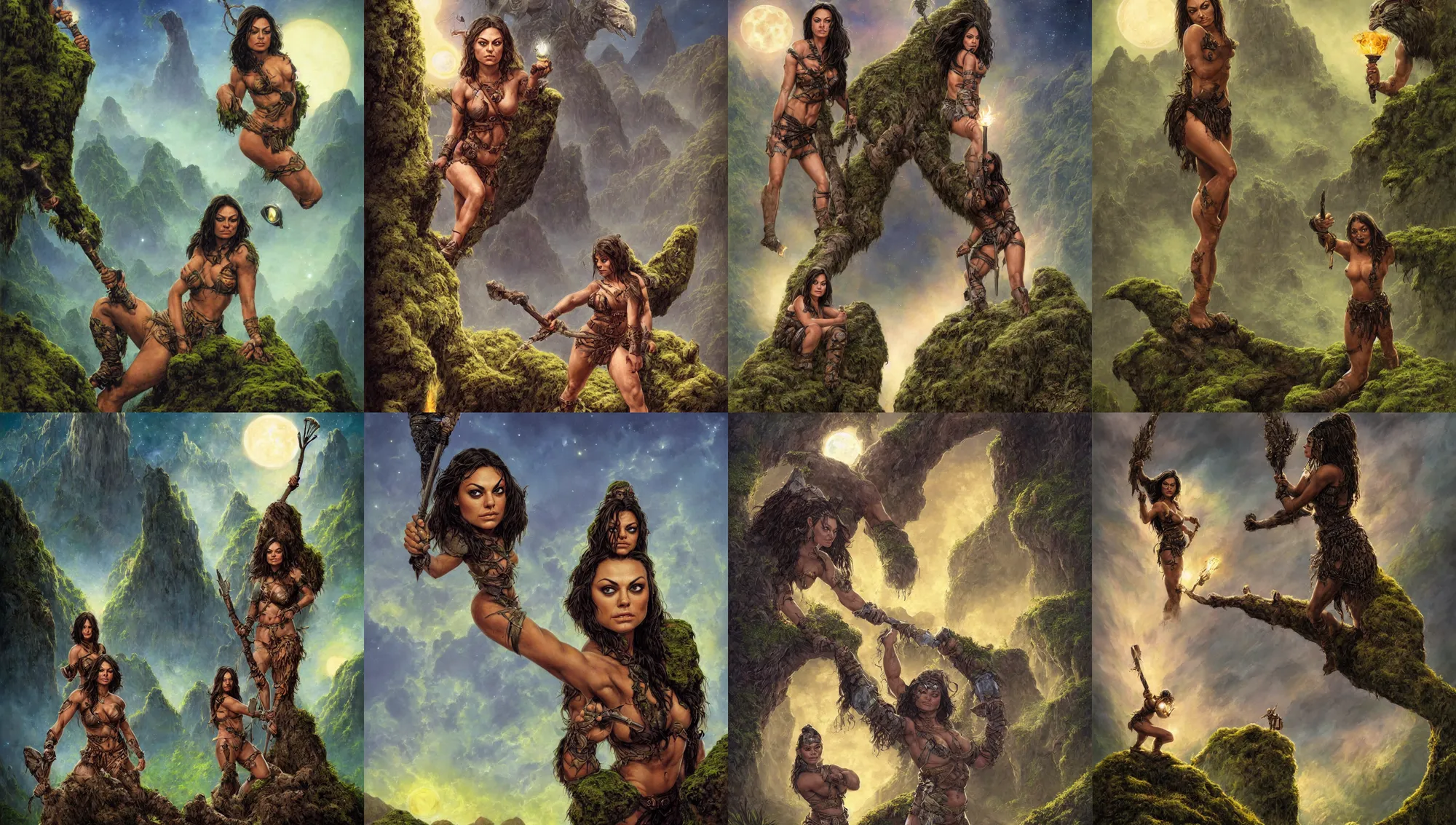 Image similar to face portrait of mila kunis as muscled amazon warrior posted on a large mossy rock holding a torch, full moon, moon rays, beautiful epic vista, flowing hills, far desert, fireflies, eerie sky, frank frazetta, alex horley, ralph horsley, michael whelan