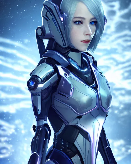 Image similar to perfect android girl on a mothership, warframe armor, beautiful face, scifi, futuristic, galaxy, nebula, raytracing, dreamy, long white hair, blue cyborg eyes, sharp focus, cinematic lighting, highly detailed, artstation, divine, by gauthier leblanc, kazuya takahashi, huifeng huang