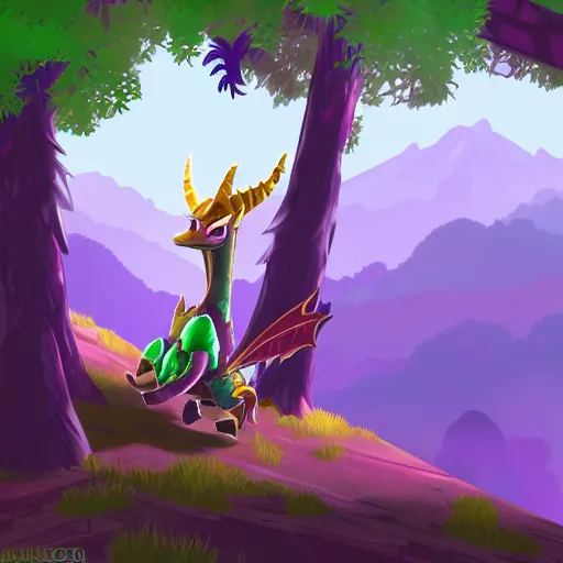Prompt: Spyro the Dragon in a large forest, Breath of the Wild styled, digital art, highly detailed