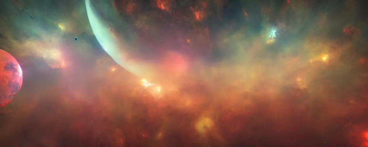 Image similar to warm colours, cinematic render of atmospheric deep space, volumetric lighting, cathrin machin