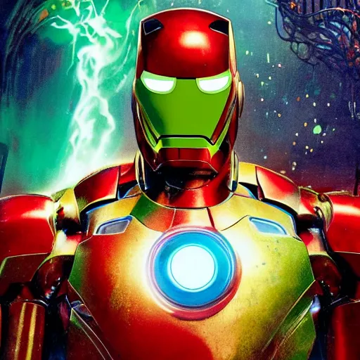 Image similar to Kermit the Frog as Iron Man by P. Craig Russell and Barry Windsor-Smith, Sesame Street, 8k octane beautifully detailed render, post-processing, extremely hyperdetailed, intricate, epic composition, grim yet sparkling atmosphere, cinematic lighting + masterpiece