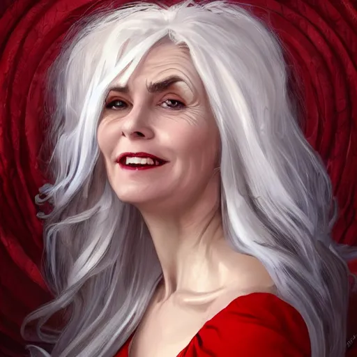 Prompt: middle-aged witch,grinning,foxy,sharp features,big whitened hair,sleeveless red dress,highly detailed,digital painting,artstation,concept art,smooth,sharp focus,beautiful face,expressive eyes,illustration,art by Artgerm and greg rutkowski and alphonse mucha