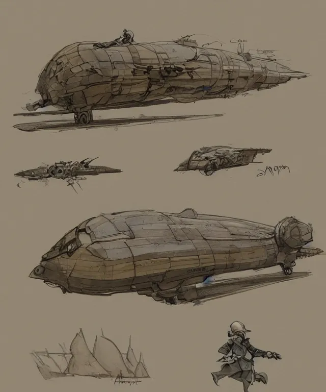 Prompt: the golden age of American illustration archive gesture drawings color pen and ink and pencil sketch vehicle concept design game asset of sketches watercolor of a retro one man airship by Stanley Artgerm Lau, WLOP, Rossdraws, James Jean, Andrei Riabovitchev, Marc Simonetti, and Sakimichan, tranding on artstation , assets, character design, tending on pinterest, trending on cgtalk, trending on concept art, trending on vehicle design