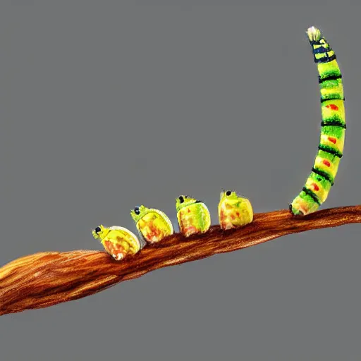 Prompt: caterpillar cawling along a stick concept art, highly detailed, high quality, bright colors,