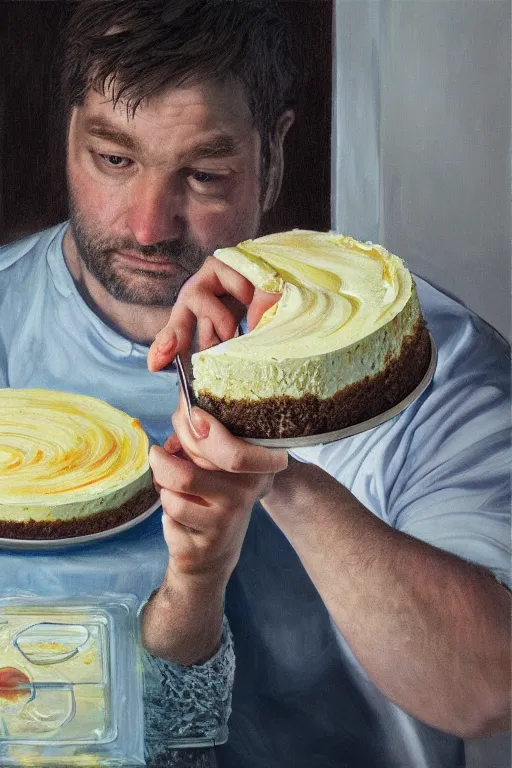 Prompt: man putting cheesecake in the fridge, oil on canvas, intricate, portrait, 8 k highly professionally detailed, hdr, cgsociety