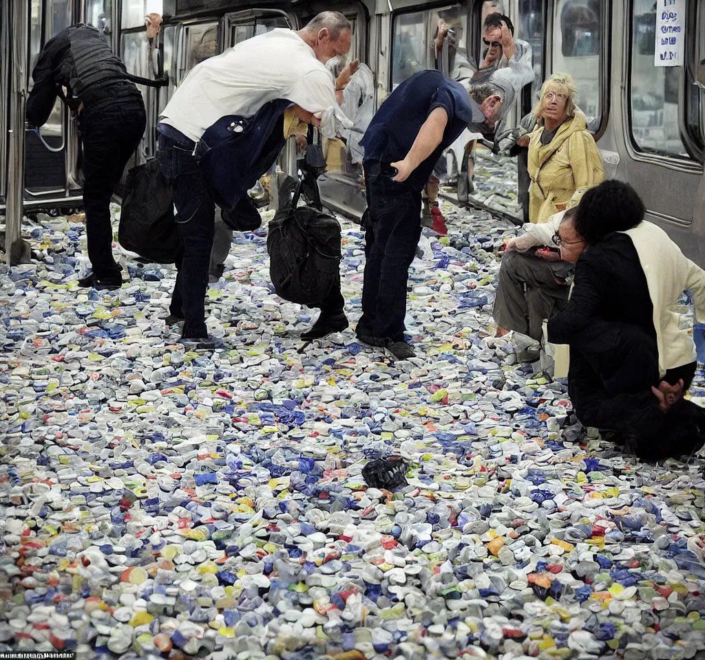 Prompt: this man was counting tablets, then he dropped them on the floor. he asked the woman next to him if the train floor had been poisoned. she didn't know, but told him that perhaps if the air had been poisoned that it didn't matter, but if the floor had been cleaned with water, then perhaps the water had been poisoned