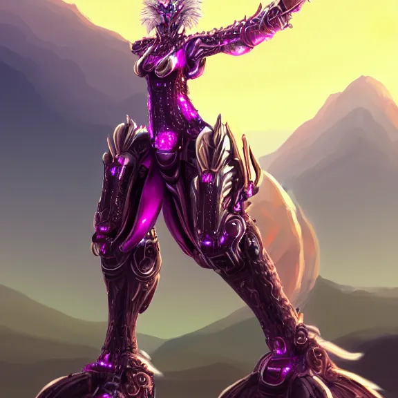 Image similar to extremely detailed fanart of a goddess that's a giant beautiful anthropomorphic robot female dragon, towering over mountains, elegant pose, shiny silver metal armor, fuchsia skin, digital art, furry art, furaffinity, DeviantArt, 8k HD