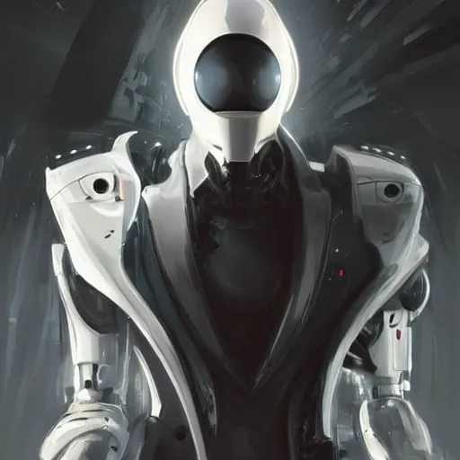 Image similar to portrait of a character with many robotic eyes, wearing sleek clothes, wearing a flowing white tailcoat, wearing a futuristic insectoid armored white mask with five circular lenses for eyes, many eyes, dramatic lighting, illustration by Greg rutkowski, yoji shinkawa, 4k, digital art, concept art, trending on artstation