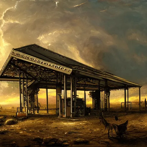 Prompt: painting of hr giger artlilery scifi organic shaped gas station with ornate metal work lands on a farm, fossil ornaments, volumetric lights, purple sun, andreas achenbach