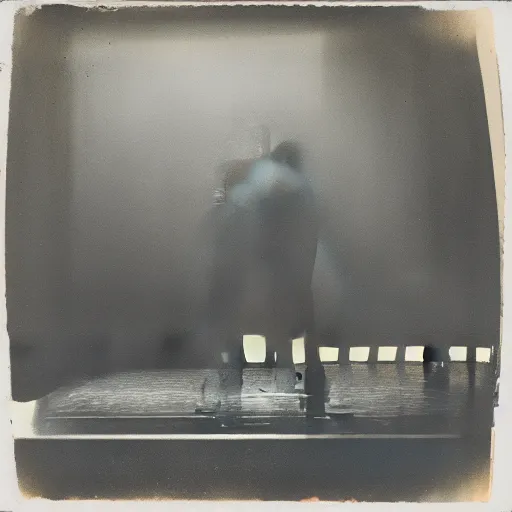 Image similar to Two male silhouettes on an abandoned theatre stage, polaroid picture, colour, bright