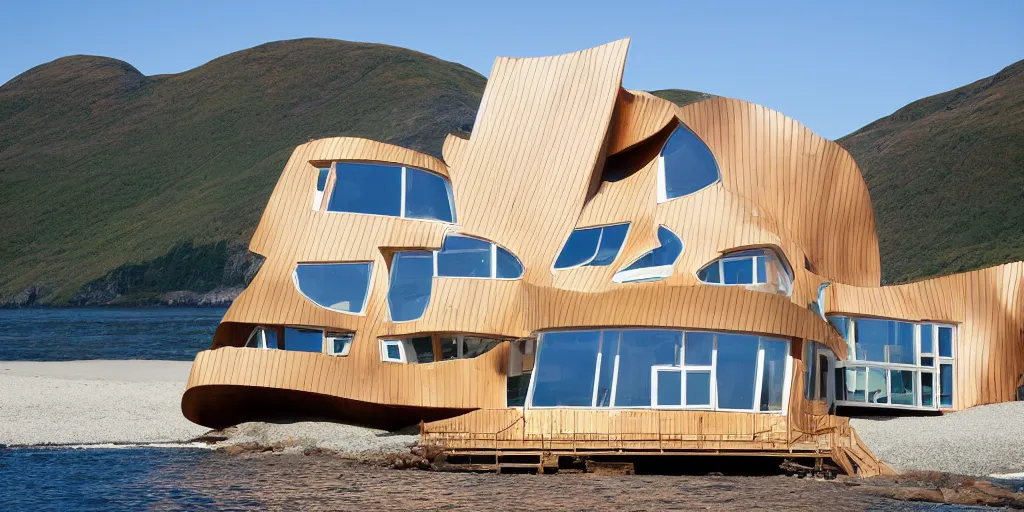 Image similar to modern norwegian fjord beach house designed by frank gehry, contemporary architecture, photography