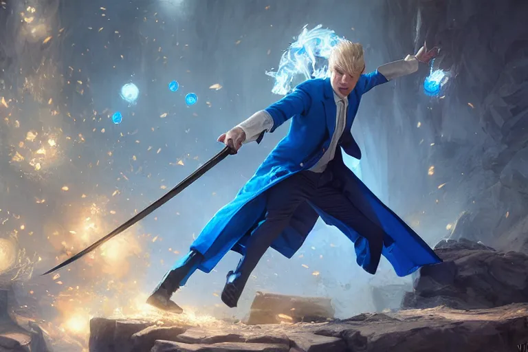 Image similar to a blonde man in a blue suit swinging a sword at a man, d & d, heartstone, digital painting, volumetric light, intricate, sharp, focus, bloom, illustration, highly detailed, concept art, matte, ruan jia, randy vargas, greg rutkowski