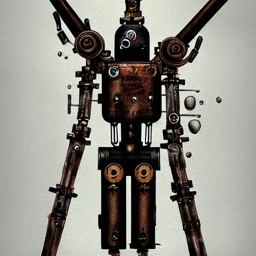 Prompt: steam punk robot crucified by matthias grunewald