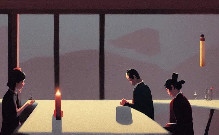 Image similar to an emotional mysterious dimly lit dinner scene illustration by atey ghailan and escher and edward hopper, japanese surreal