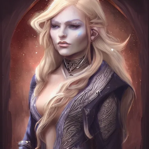 Image similar to A dark elf wizard, female, auburn and blonde two toned hair, Fantasy, D&D, intricate, elegant, highly detailed, digital painting, artstation, concept art, matte, sharp focus, illustration, in the style of Magic The Gathering