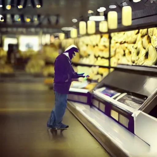 Image similar to a masked man at a self checkout stealing a single banana, trending on artstation, depth field, unreal engine, cinematic, hyper realism, high detail, octane cinema 4 d render, a 2 4 cinematography, 8 k