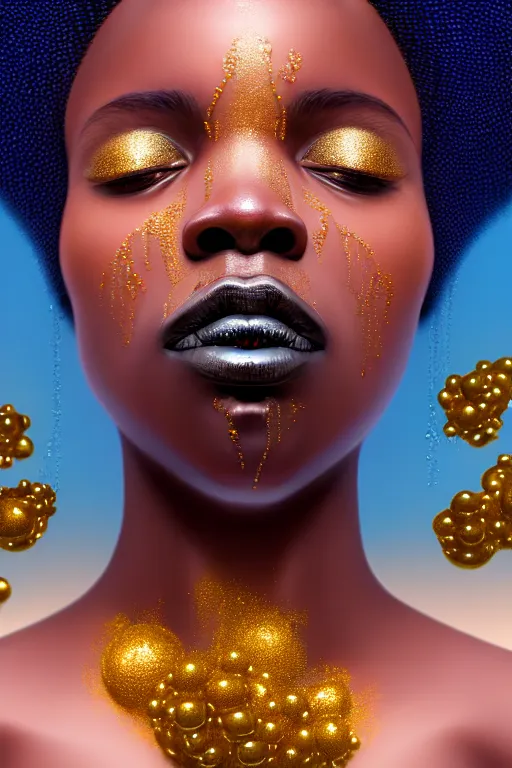 Prompt: hyperrealistic precisionist cinematic profile very expressive! black oshun goddess, in water! up to shoulders, mirror dripping droplet!, gold flowers, highly detailed face, digital art masterpiece, smooth eric zener cam de leon, dramatic pearlescent turquoise light on one side, hip level hd 8 k, tilt shift