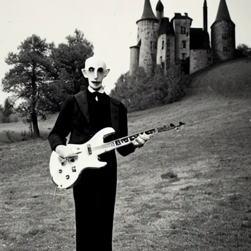 Image similar to vintage photograph of count orlok outside his castle, playing the blues on guitar, castle in the background, 4 k