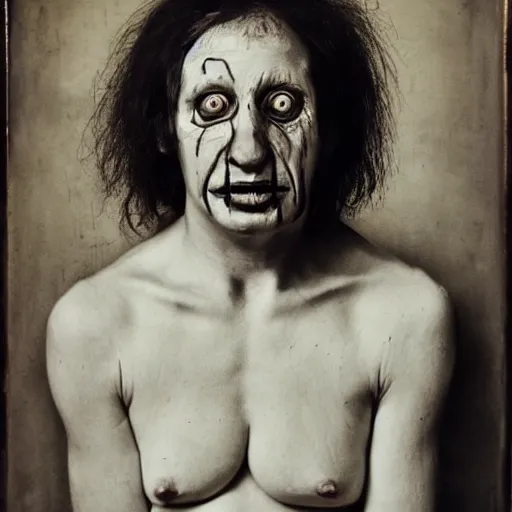 Prompt: high quality high detail portrait by joel peter witkin, hd, a remorseless psychopath, intense unsettling look in the eyes, photorealistic lighting
