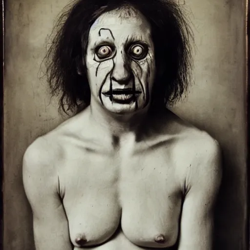 Image similar to high quality high detail portrait by joel peter witkin, hd, a remorseless psychopath, intense unsettling look in the eyes, photorealistic lighting