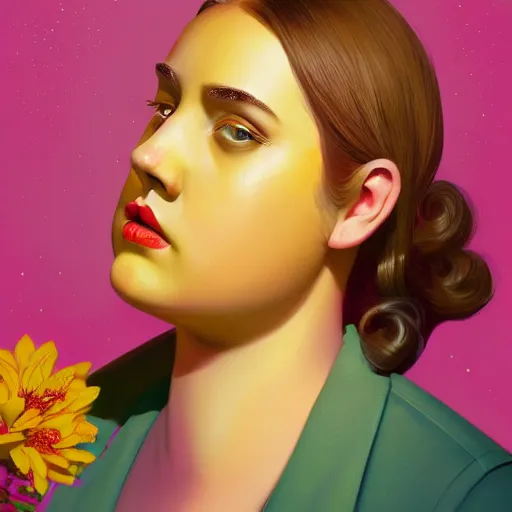 Image similar to colorful and festive cute female young plus size female hitler with tan skin, clear sharp todd solondz face, wearing yellow floral blouse. full body, rich vivid pastel colors, ambient lighting, dynamic lighting, 4 k, atmospheric lighting, painted, intricate, highly detailed by charlie bowater