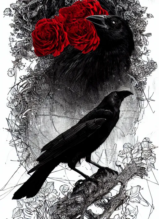 Image similar to portrait, A crow with red eyes in front of the full big moon, book cover, red roses, red white black colors, establishing shot, extremly high detail, foto realistic, cinematic lighting, pen and ink, intricate line drawings, by Yoshitaka Amano, Ruan Jia, Kentaro Miura, Artgerm, post processed, concept art, artstation, matte painting, style by eddie mendoza, raphael lacoste, alex ross