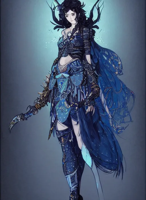 Prompt: Full body portrait of a cute elven girl with short curly black hair wearing ornate gray and blue attire, vibrant colours. In style of Yoji Shinkawa and Hyung-tae Kim, trending on ArtStation, dark fantasy, great composition, concept art, highly detailed.