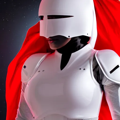 Image similar to portrait of a athletic female soldier in glossy sleek white armor with tiny red details and a long red cape, heroic posture, on the surface of mars, night time, dramatic lighting, cinematic, sci-fi, hyperrealistic