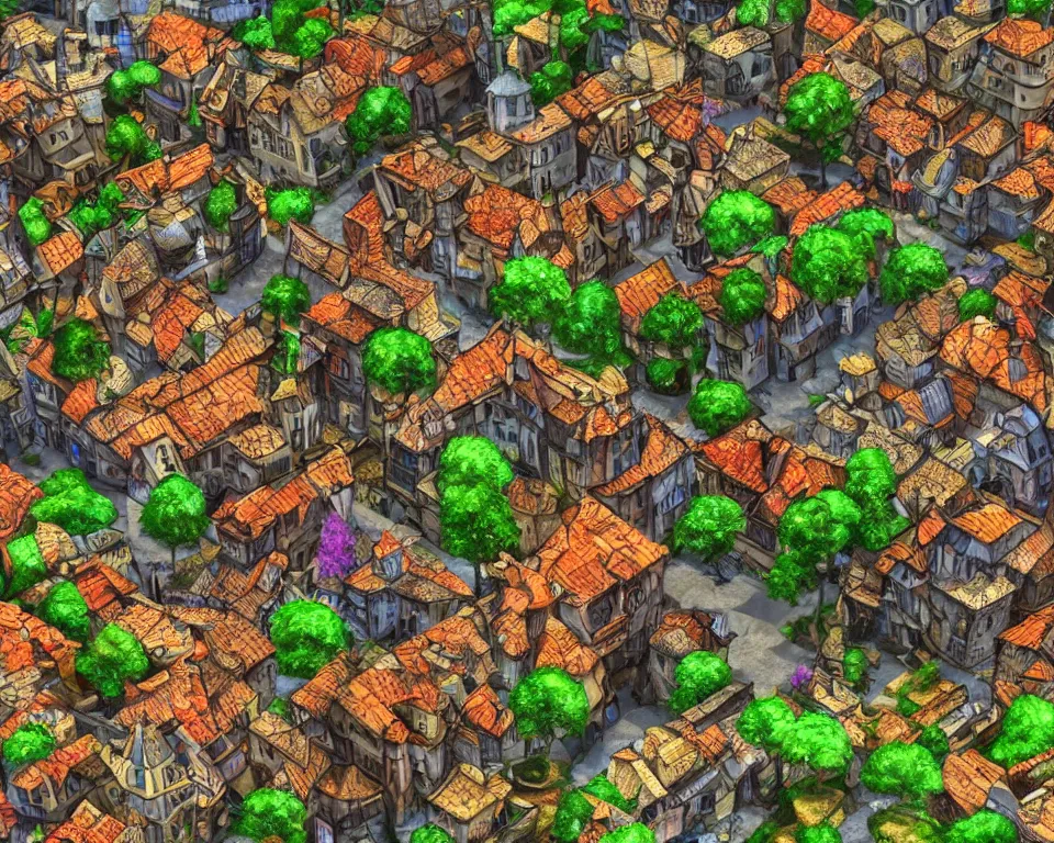 Image similar to colorful medieval city of the fae, built into trees and stone, cobblestone streets, fanciful, magical, unreal engine