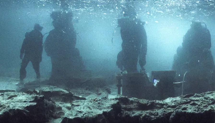 Image similar to Big budget horror movie, outside an undersea science building deep under water