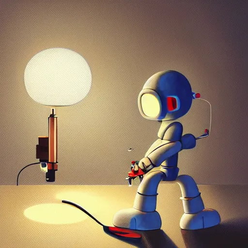 Prompt: goro fujita ilustration a science laboratory, tools for science research, scientist highly detailed working on a robot, small streaks of light from a lamp, painting by goro fujita, sharp focus, highly detailed, artstation